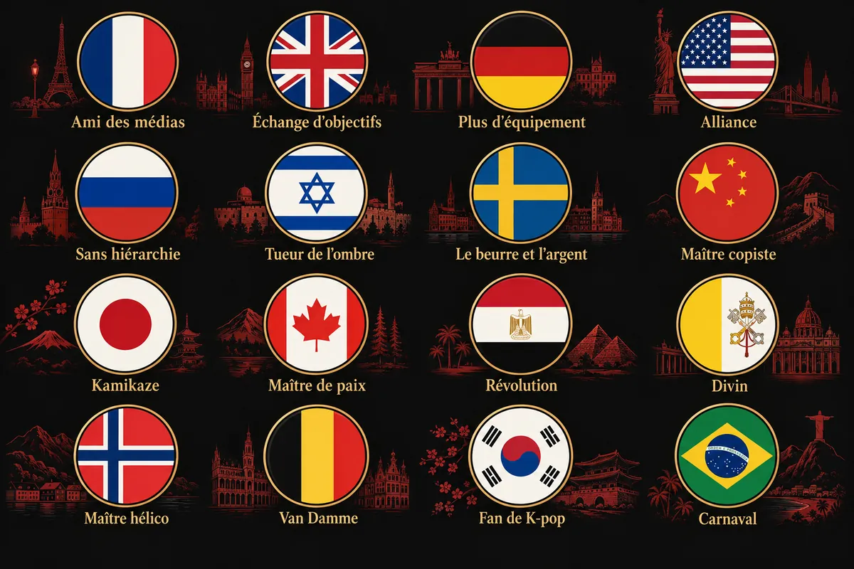 illustration : planche de 16 vignettes rondes, une par agence, chacune avec un drapeau stylisé et le nom du pouvoir en dessous, disposées en 4 rangées de 4 : France Ami des médias, Royaume-Uni Échange d'objectifs, Allemagne Plus d'équipement, États-Unis Alliance, Russie Sans hiérarchie, Israël Tueur de l'ombre, Suède Le beurre et l'argent, Chine Maître copiste, Japon Kamikaze, Canada Maître de paix, Égypte Révolution, Vatican Divin, Norvège Maître hélico, Belgique Cascadeur, Corée du Sud Fan de K-pop, Brésil Carnaval ; drapeaux et pictogrammes originaux uniquement, aucun emblème ni sceau officiel de service secret ou d'institution