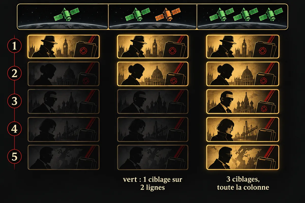 illustration : la réglette Espace au-dessus de trois colonnes du théâtre ; colonne A : un satellite vert seul, seule la carte de la ligne 1 est éclairée ; colonne B : un satellite vert et un satellite orange, les lignes 1 et 2 sont éclairées et une légende indique « vert : 1 ciblage sur 2 lignes » ; colonne C : trois satellites verts, les 5 lignes sont éclairées avec la légende « 3 ciblages, toute la colonne »