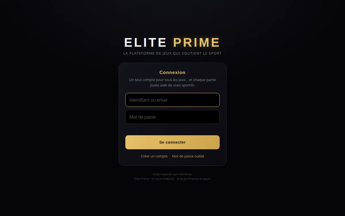 capture : la porte de connexion d'eliteprime.fr, avec les champs Identifiant ou email, Mot de passe, le bouton Se connecter et les liens Créer un compte et Mot de passe oublié