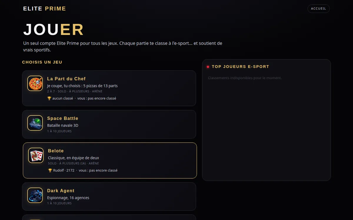 capture : le hub des jeux, grille des cartes de jeux à gauche avec la ligne Elo sous chaque carte, carrousel Top joueurs e-sport à droite