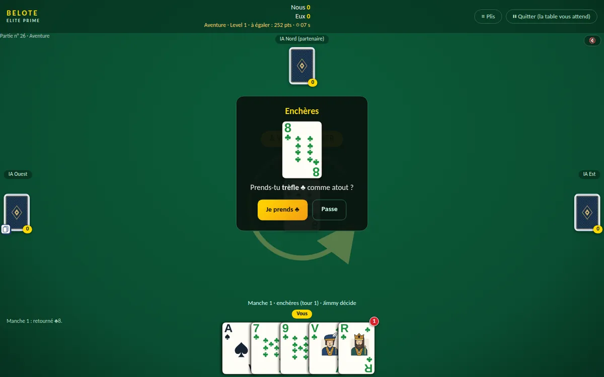 capture : tapis de Belote en mode Aventure, bandeau « Aventure · Level 37 · à égaler : 252 pts », main de 8 cartes en bas, boutons Plis, Dernier pli, Pause