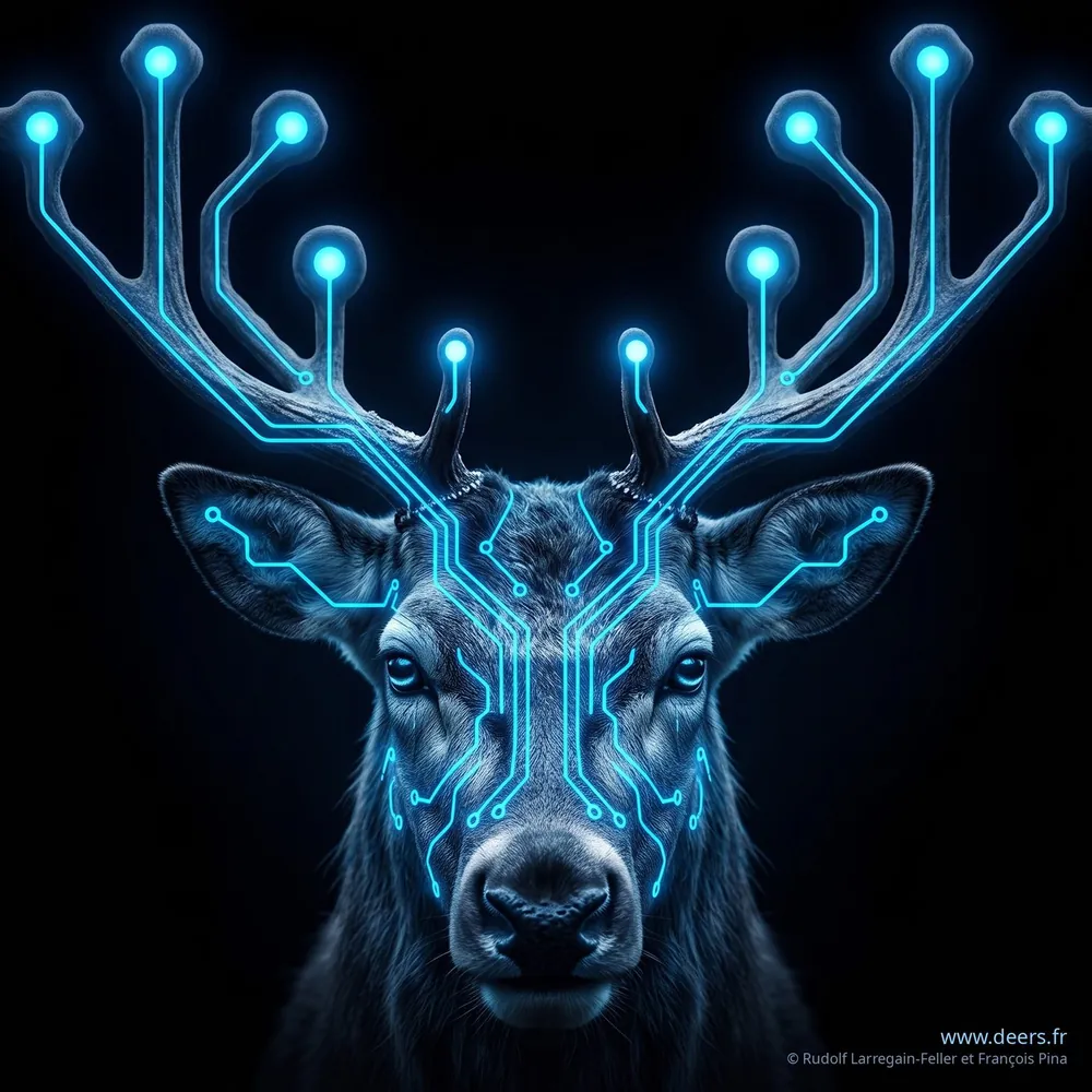 The DEERS stag, its antlers running with blue electronic circuits on a black background