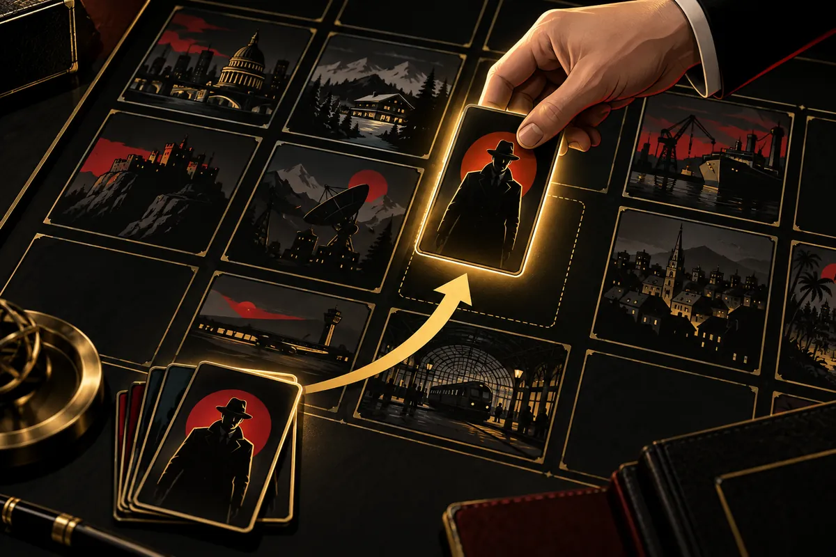 illustration : en trois vignettes : 1, un plateau d'agence dont la réserve contient les espions 2, 3 et 5, une flèche part de l'espion 2 (« le plus faible d'abord ») ; 2, le théâtre avec une case vide en ligne 4 entourée en pointillé et la mention « n'importe quelle case vide, même hors de vue » ; 3, l'espion 2 posé sur la case, un marqueur ATK « + 2 » devant le joueur et la mention « engagé aussitôt »