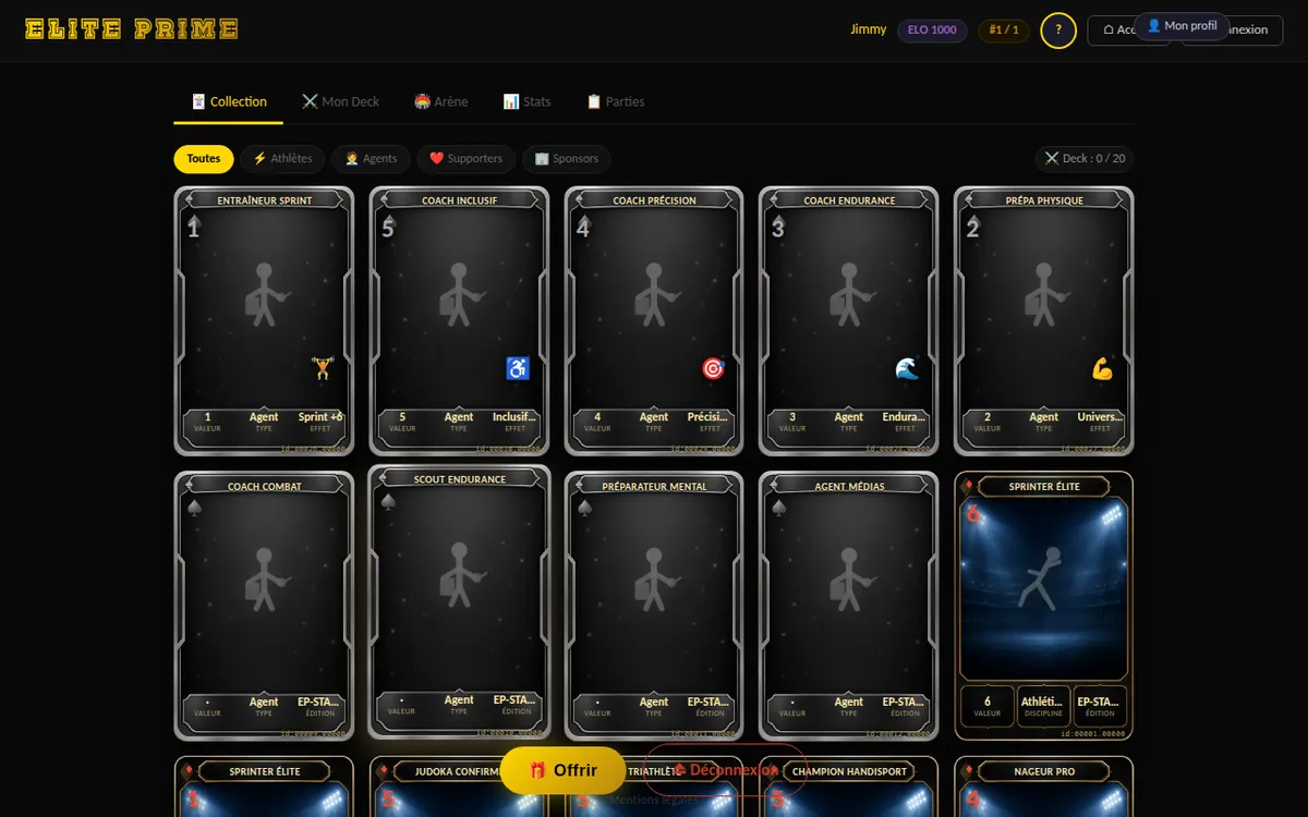 capture : onglet Collection, grille de cartes avec les filtres Athlètes, Agents, Supporters, Sponsors et le compteur Deck n / 20