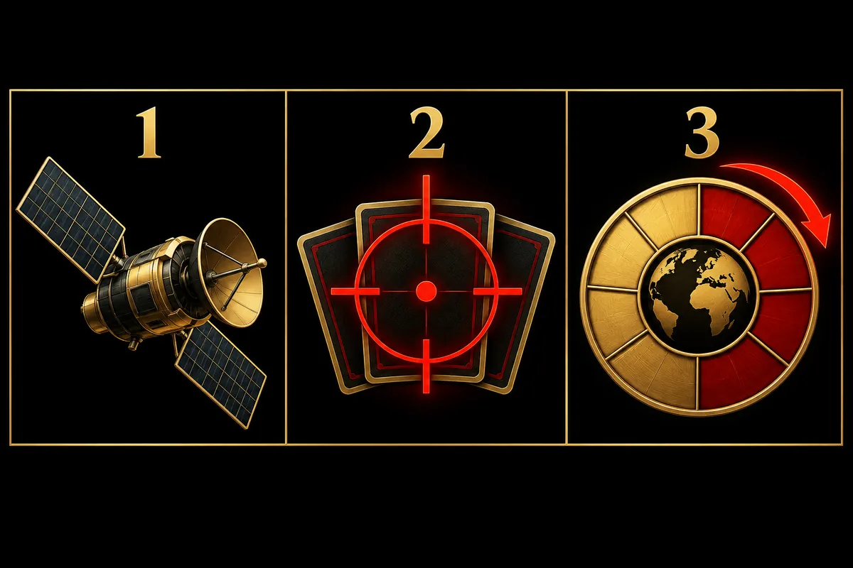 illustration : bandeau horizontal en trois cases numérotées, à réutiliser en tête de l'aide de jeu : 1 « Satellites » (deux jetons satellites avec des flèches de déplacement dans l'Espace), 2 « Cibler et agir » (un marqueur de ciblage posé sur une carte, des dés, un marqueur ATK), 3 « Terminer » (une case vide qui reçoit une carte de la pioche) ; sous le bandeau, une petite flèche circulaire « la Terre tourne » avec la mention « quand tous les joueurs ont joué »