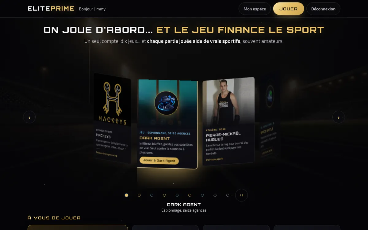 capture : la page d'accueil, en-tête avec Bonjour, Mon espace, JOUER et Déconnexion, le carrousel Le Ring avec une carte athlète au centre entre deux cartes de jeux, et les quatre tuiles JOUER, Sponsor, Athlète, Club