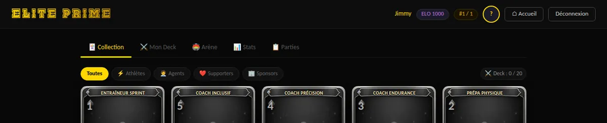 capture : barre du haut d'un espace, avec pseudo, puce ELO, rang, avatar rond, boutons Accueil et Déconnexion, et la barre d'onglets Collection, Mon Deck, Arène, Stats, Parties