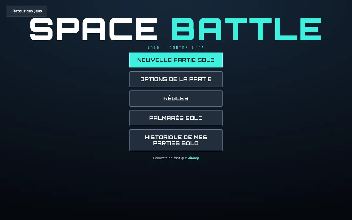 capture : Space Battle, cube 3D avec la flotte, barre du haut avec les onglets Flotte, Journal, Infos et le bouton FEU
