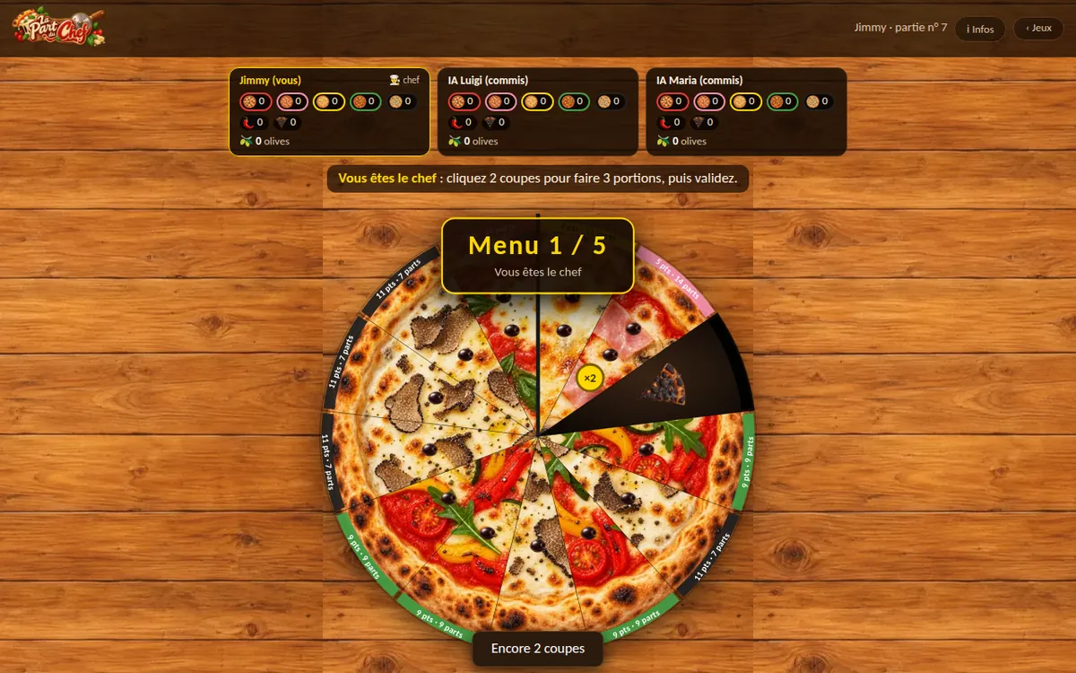 capture : La Part du Chef, pizza ronde de 13 parts avec les coupes en cours, cartes des convives à gauche avec les parts gardées par sorte, panneau « Garder ou manger ? »