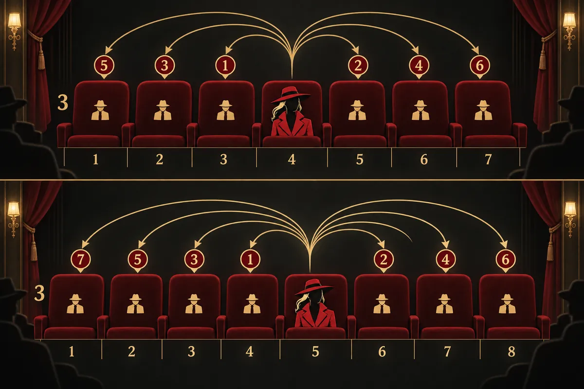 illustration : la ligne 3 du théâtre à 7 colonnes vue de face ; Kara au centre (colonne 4) ; des flèches numérotées 1 à 6 partent du centre vers l'extérieur en alternant gauche et droite (3, 5, 2, 6, 1, 7) pour montrer l'ordre de placement des espions de niveau 1 ; sous cette ligne, la même ligne à 8 colonnes avec Kara en colonne 5 et l'ordre 4, 6, 3, 7, 2, 8, 1